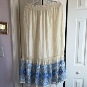 Boho Cream Maxi Skirt with Blue Embroidered Hem